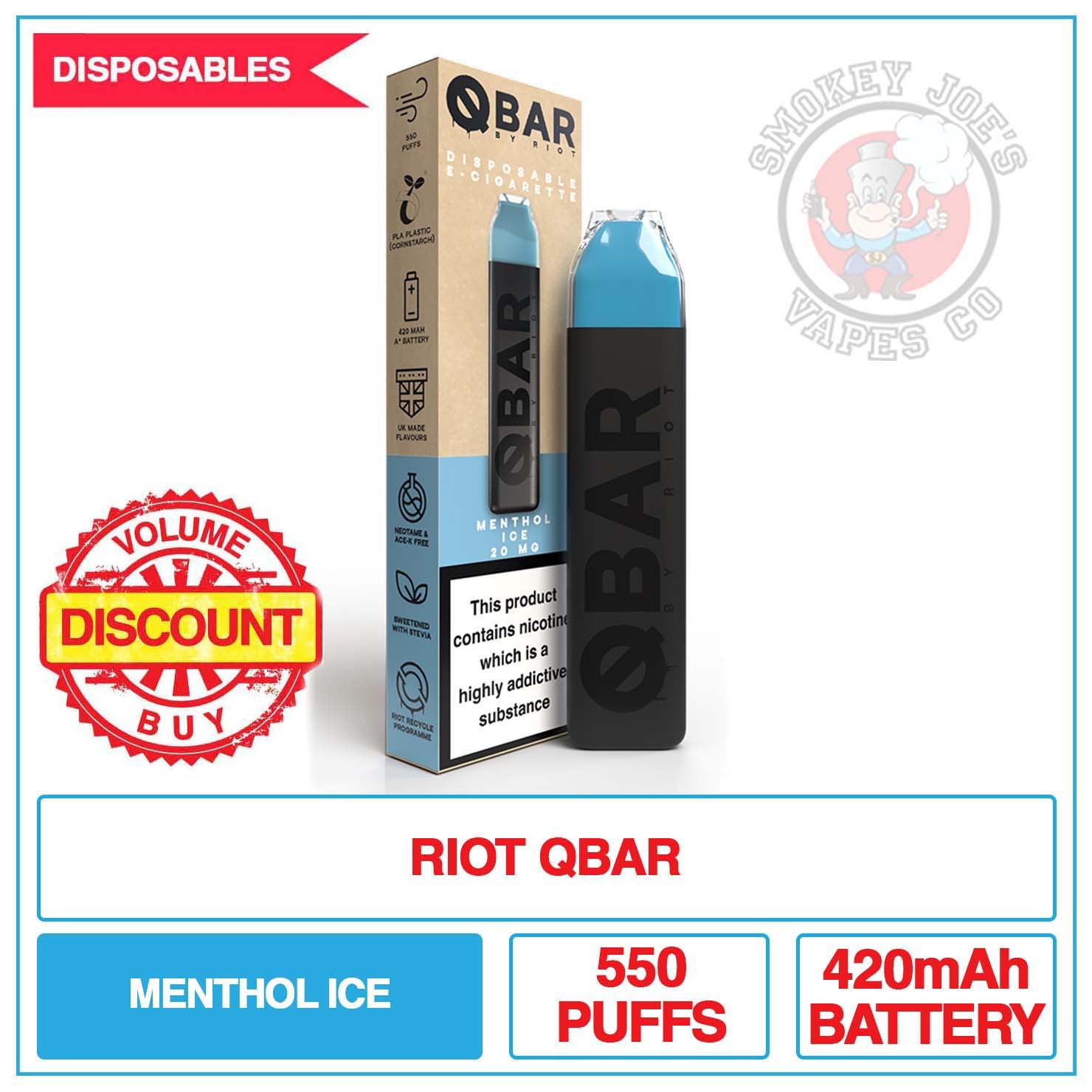 Riot Squad QBar Disposable Menthol Ice 20mg Smokey Joes Vapes Co