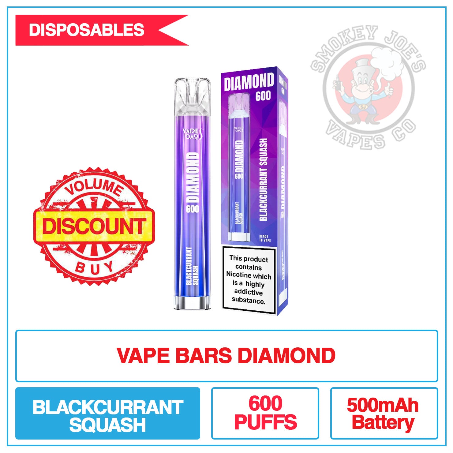 Vape Bar - Diamond Bar - Blackcurrant Squash - 20mg | Smokey Joes Vapes Co